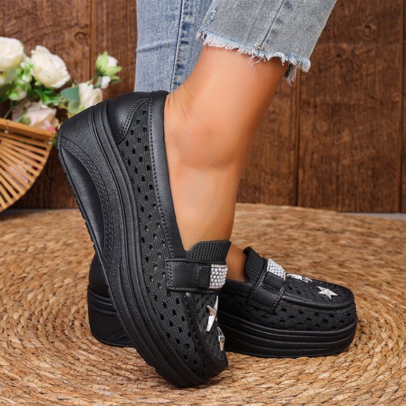 HTHLVMD Platform Wedge Loafers, Perforated Slip On Shoes, Rhinestone Decor Footwear, Breathable Walking Loafers, Women's Perforated Platform Loafers Rhinestone Slip On Wedge Walking Shoes, Black 5.5