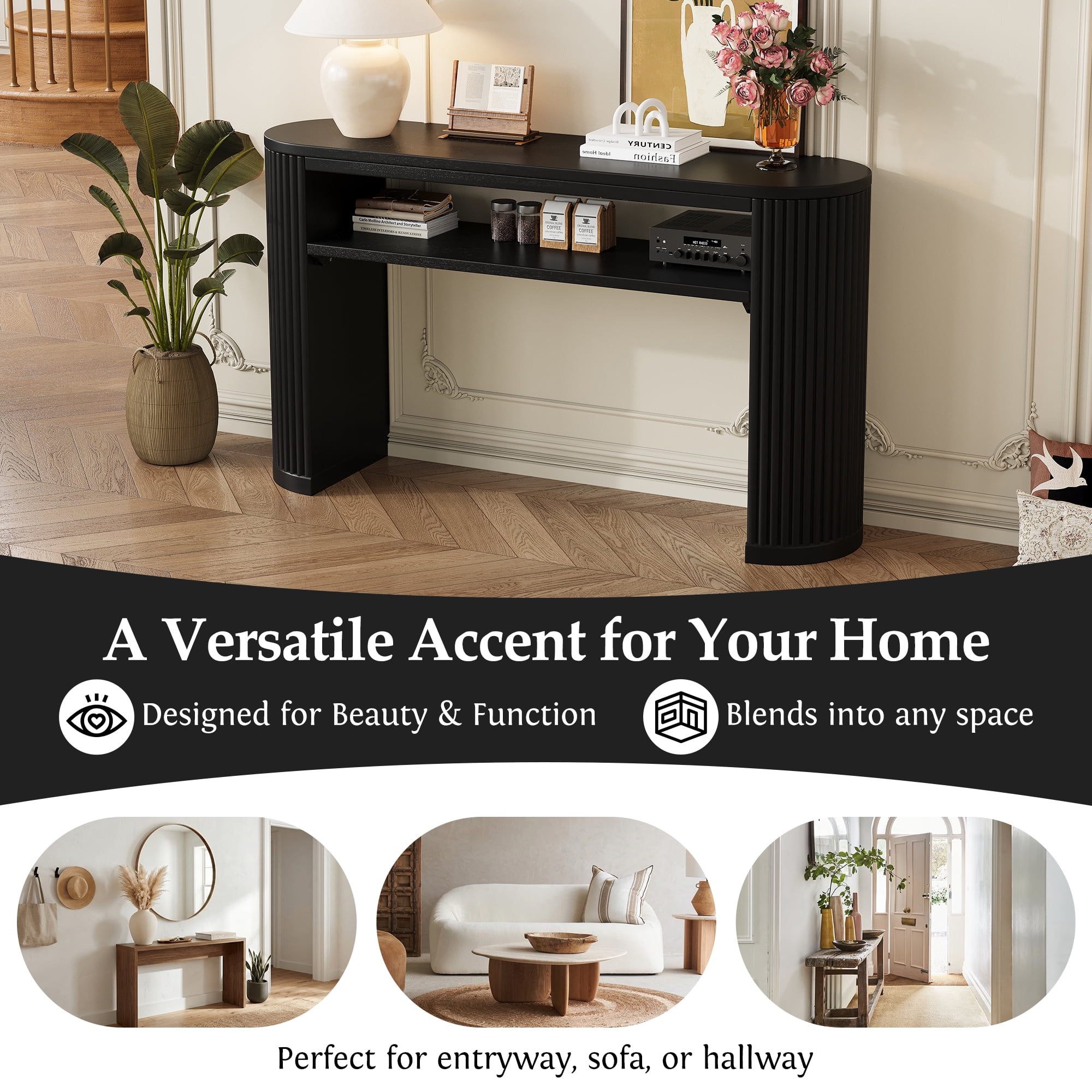 Euroco 53" Fluted Console Table, Modern Entryway Table with Open Storage Shelf & Wood Legs, Long Sofa Table Behind Couch for Living Room, Hallway,Black