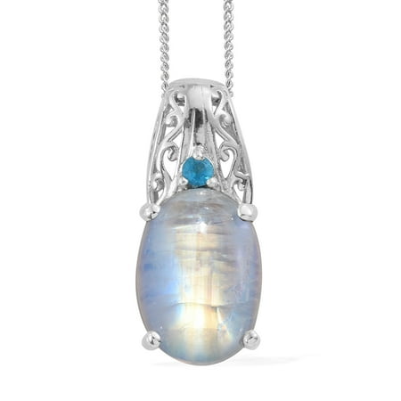 - 925 Sterling Silver Platinum Plated Rainbow Moonstone Neon Apatite Pendant Necklace 20