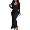 thumbnail image 3 of Vestido Ajustado para Mujer, con Mangas Largas Fruncidas, para Cóctel o Fiesta Negro L, 3 of 8