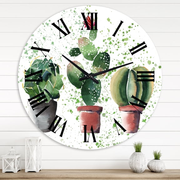 Designart 'Three Cacti In Clay Pots' Traditional Wall Clock