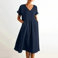 thumbnail image 4 of purcolt Womens Cotton Linen Midi Dress Casual Loose Fit Short Sleeve V Neck Flowy Sundress Summer Beach Dress with Pockets, 4 of 9