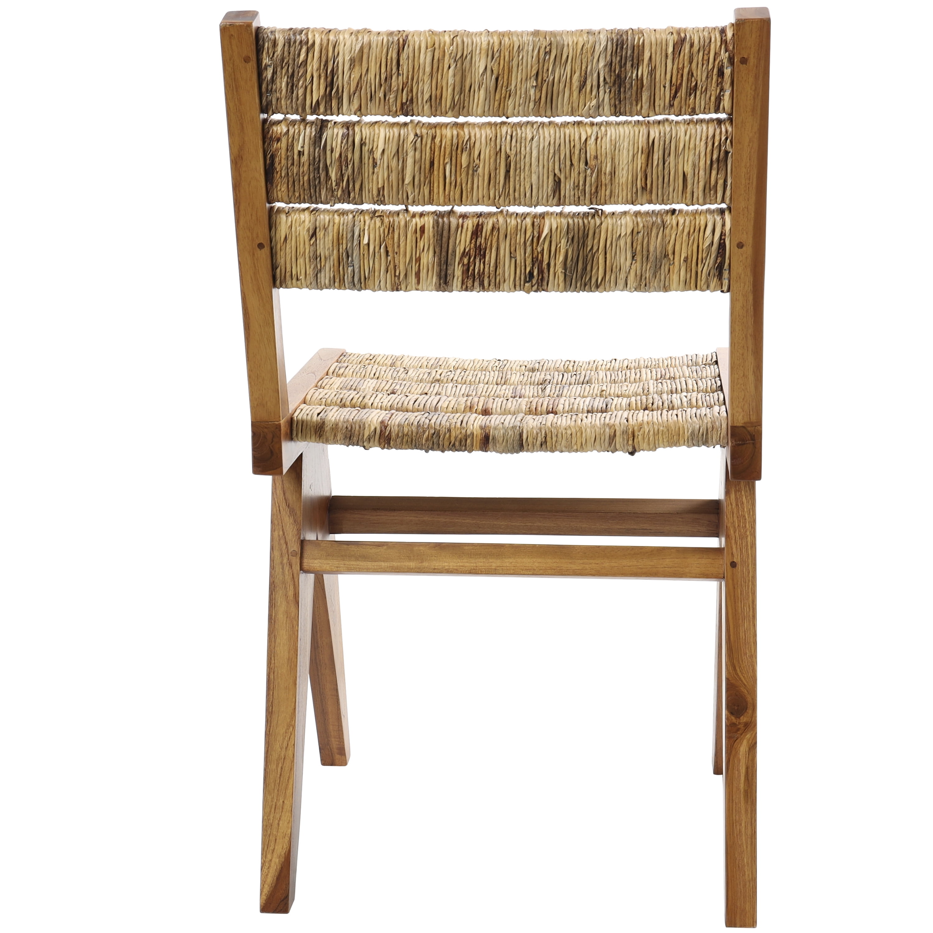 DecMode Teak Wood Handmade Mid-Century Lounge Chair with Wrapped Banana Leaf Seat, Light Brown, Set of 2