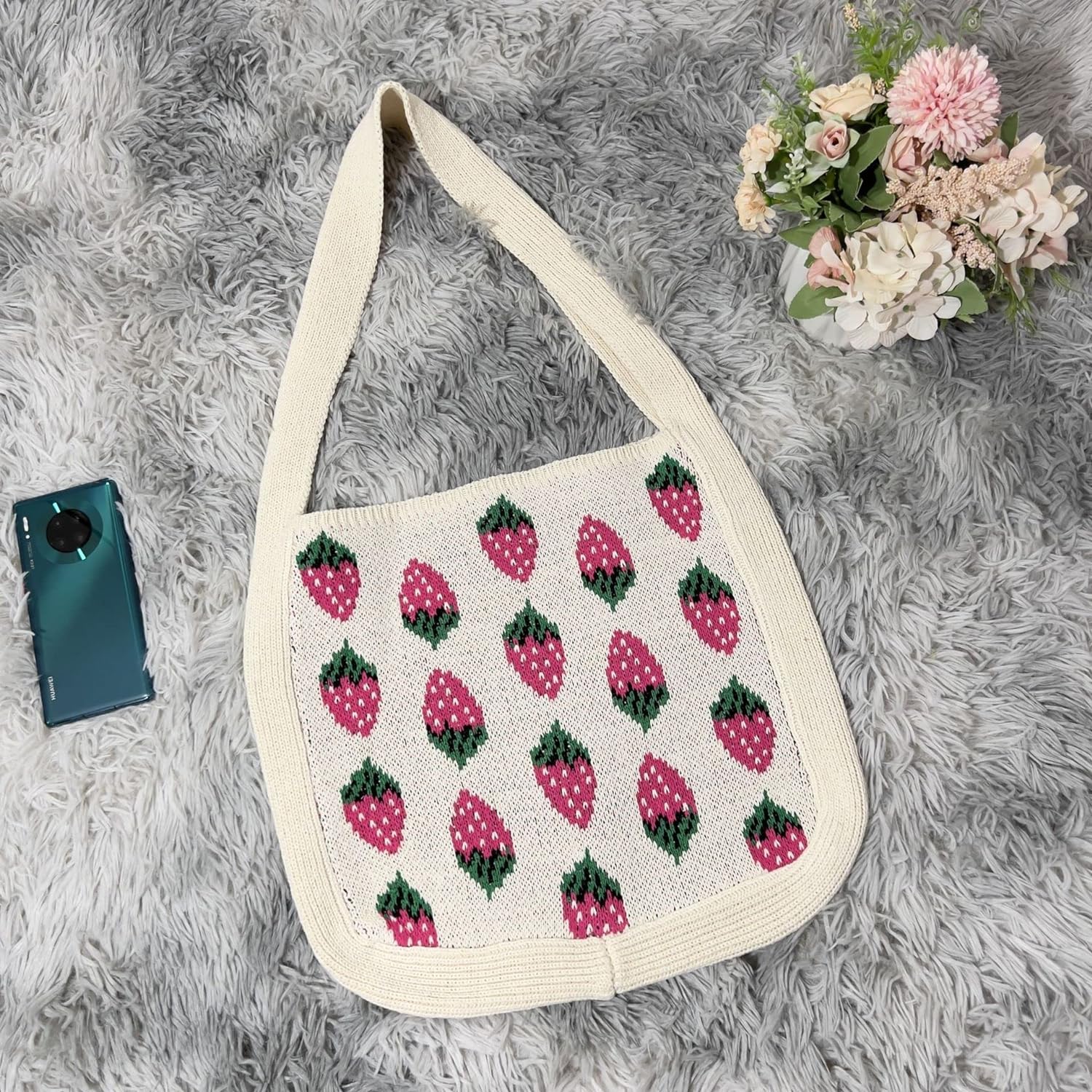 Kukuzhu Crochet Tote Bag Aesthetic Strawberry Purse Kawaii Purse Crocheted Bag Kawaii Tote Bag