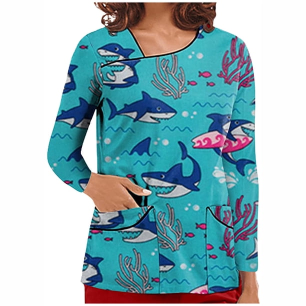 Blusa de manga larga con estampado de camiseta de uniforme de trabajo con cuello en V para mujer con bolsillos Fridja ghj987+5735