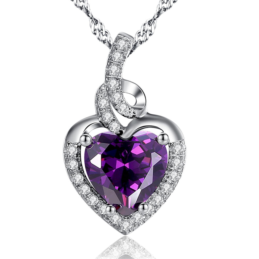 White gold finish heart cut amethyst and created diamond necklace Gift Boxed