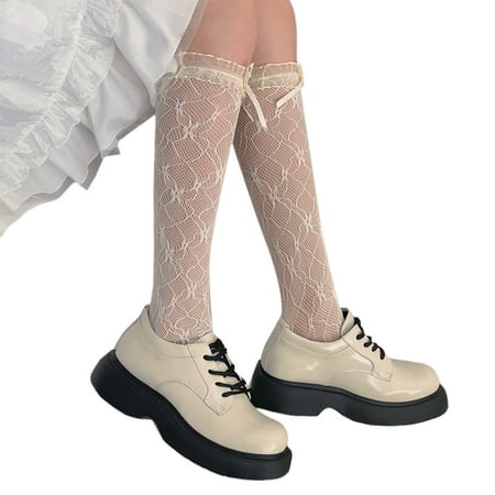 

YUUZONE Sweet Lolita Women Over Knee Socks Ruffled Lace Organza Trim Ribbon Bowknot Sheer Fishnet Mesh Floral Calf Stockings