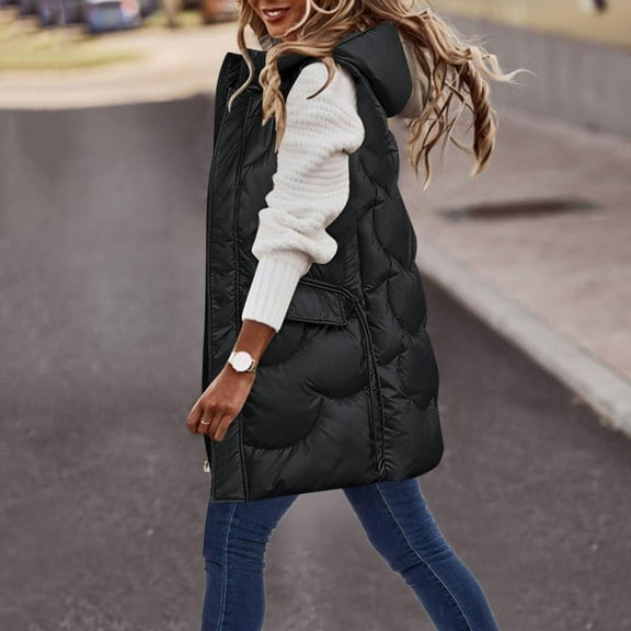 Idoravan Long Vest for Women Sleeveless,Women Warm Hooded Long Sleeve Zipper Jacket Sleeveless Parkas Coats Tops Wth Pocket Black XXL