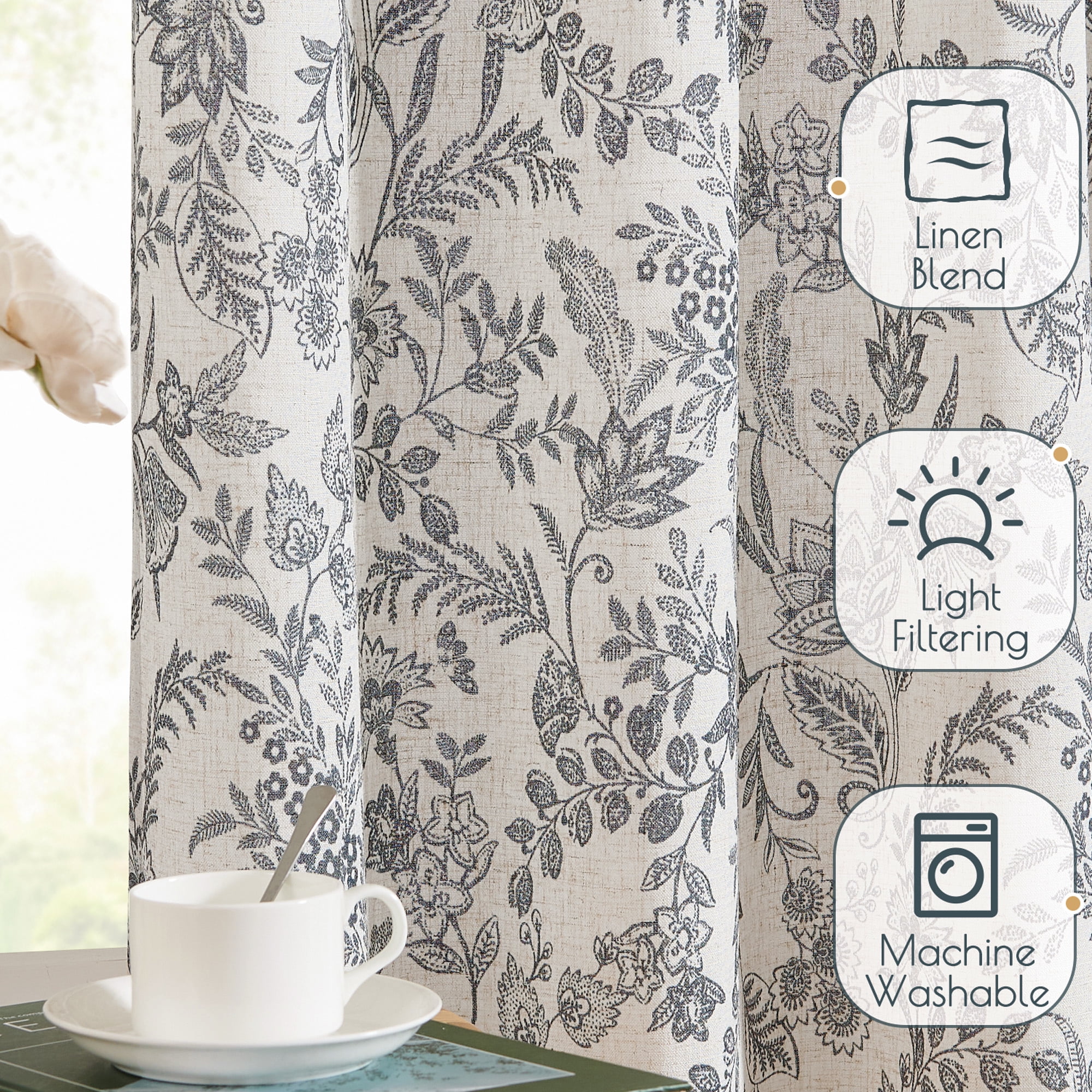 Curtainking Floral Curtains Linen Farmhouse Curtains for Living Room 84 inch Country Curtains Back Tab Semi Sheer Curtains Light Filtering 2 Panels Black on Beige