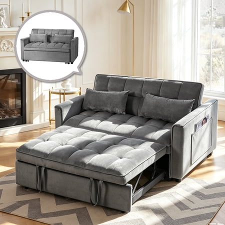 Gewnee 3 in 1 Convertible Sleeper Sofa Bed – Modern Velvet Pull Out Couch with Adjustable Backrest,Side Pockets,Loveseat Futon for Small Spaces.Dark Grey