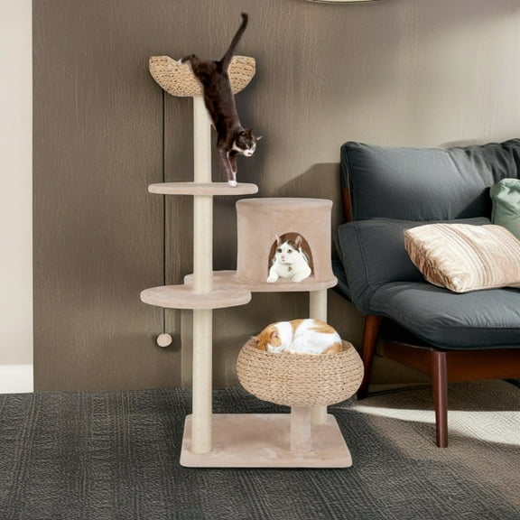 Pefilos 58" Cat Tree Tower for Indoor Cats, Cat Condo for Large Cats, Modern Cat Tree House Manual Hand Woven with Sisal, Cat Scratching Post, Beige