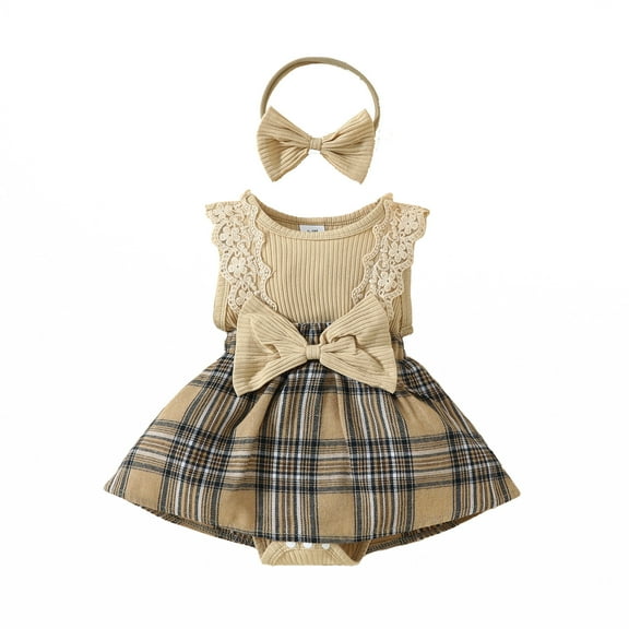 SUCS 2PCS Summer Newborn Baby Girl Sleeveless Triangle Dress Set Lace Big Butterfly Plaid Vest Jumpsuit Skirt