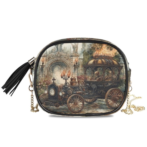 Womens Casual Chain Shoulder Bag Simple style Art Steampunk Train Printing Crossbody Bag