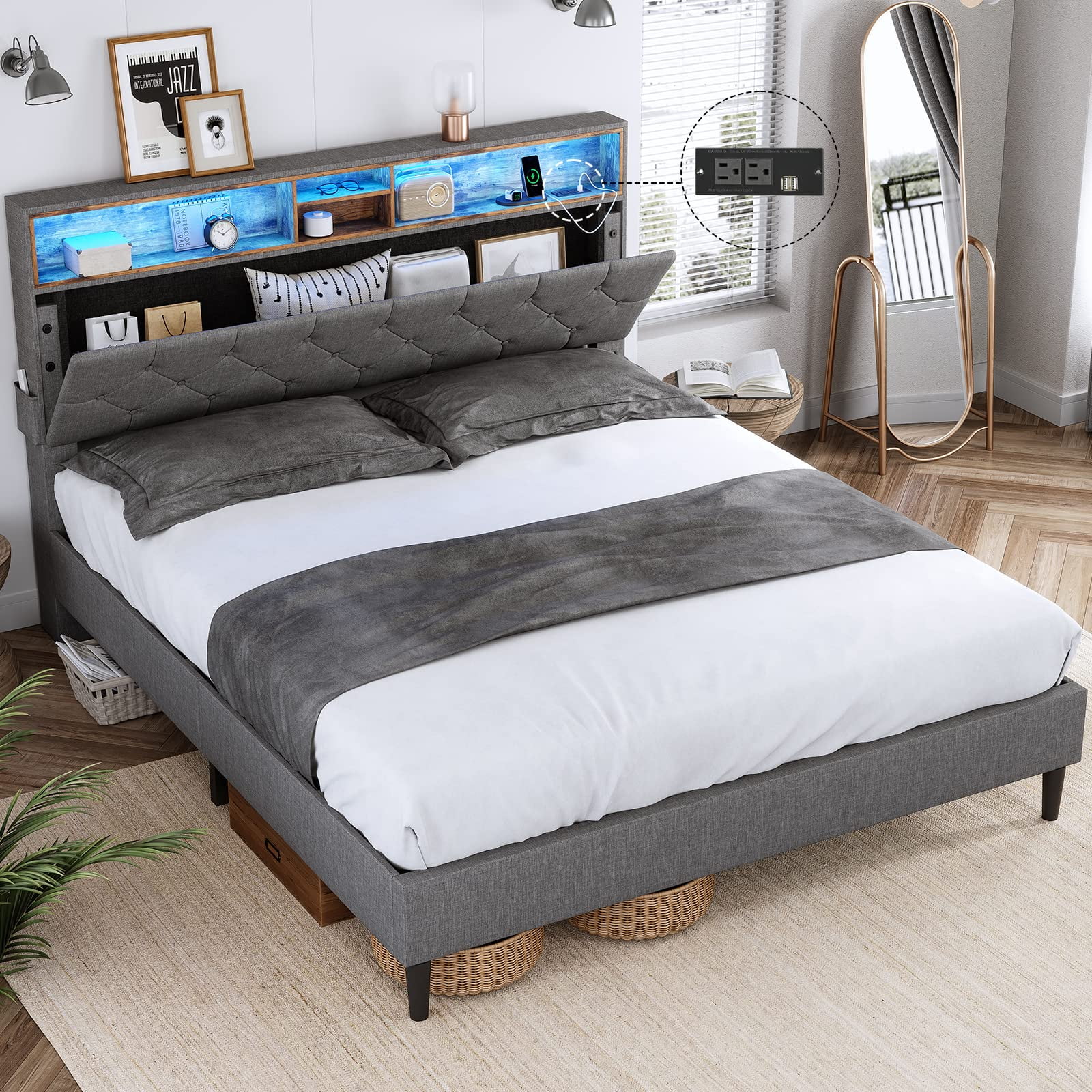 Full Size LED Bed Frame with Storage Headboard,Upholstered Platform Bed