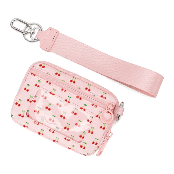 Portable Strawberry And Cherrys Pattern Wallet,Wristlet Handbags for Women, Waterproof Nylon Keychain Wallet, Zip Card Case with ID Window