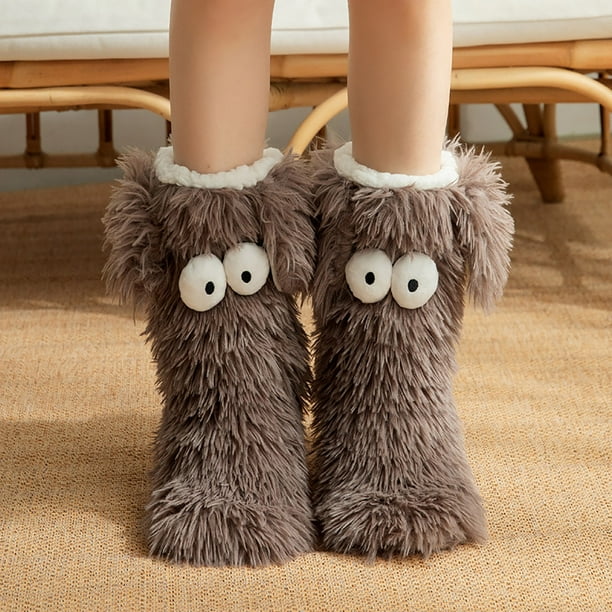 Herunwer Cute Plush Slipper Socks for Warm Winter, Big Eye Puppy Fuzzy Home Floor Shoes Sleep Socks