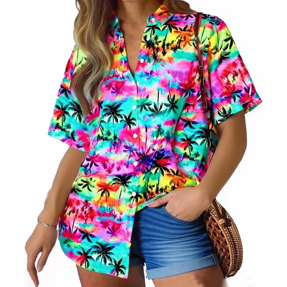 DEXIO Hawaiian Shirts for Women Plus Size: Cool Summer Luau Shirt Hawaii Tropical V Neck Button up Tops,1X