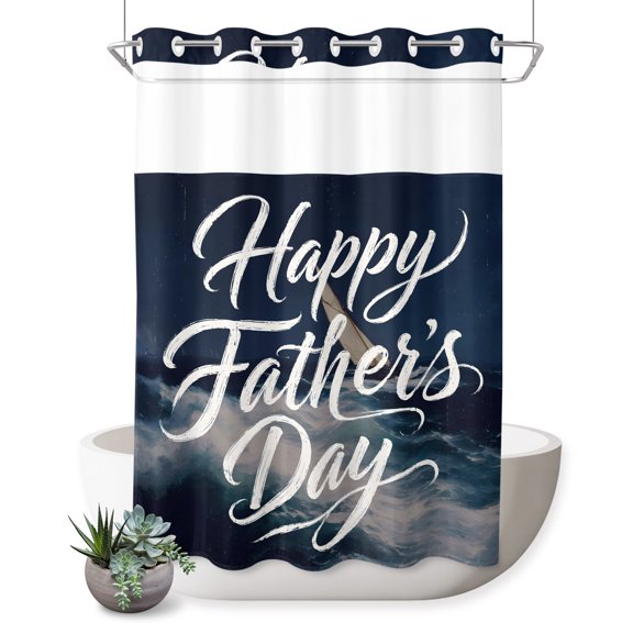 No Hook Shower Curtain, Happy Father's Day Shower Curtains for Bathroom with See Through Top Window, Nautical Coastal Ship Ocean Waves Waterproof & Washable Bath Curtain Stall 48"x72"
