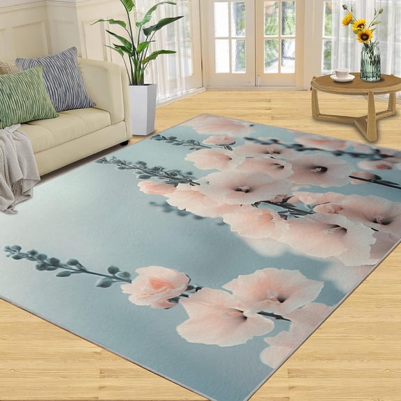 Floral Rugs, Pink Flowers Area Rug, Japanese Rugs for Entryway, Washable Rug, Low-Pile, Non Slip, Indoor Carpet & Bedroom Decor 3 x 5ft