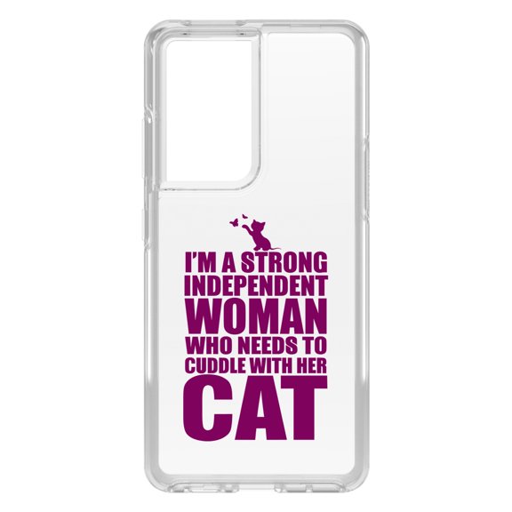 DistinctInk Clear Shockproof Hybrid Case for Galaxy S21 ULTRA 5G (6.8" Screen) - TPU Bumper Acrylic Back Tempered Glass Screen Protector - Strong Woman Needs to Cuddle Cat