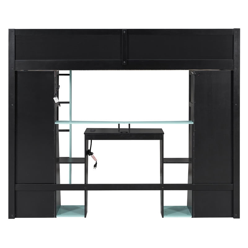Full Size Wooden E-Sport Loft Bed with Desk, LED Lights & Charge Station, Storage Bed Frame with Built-in Wardrobe & Cabinets