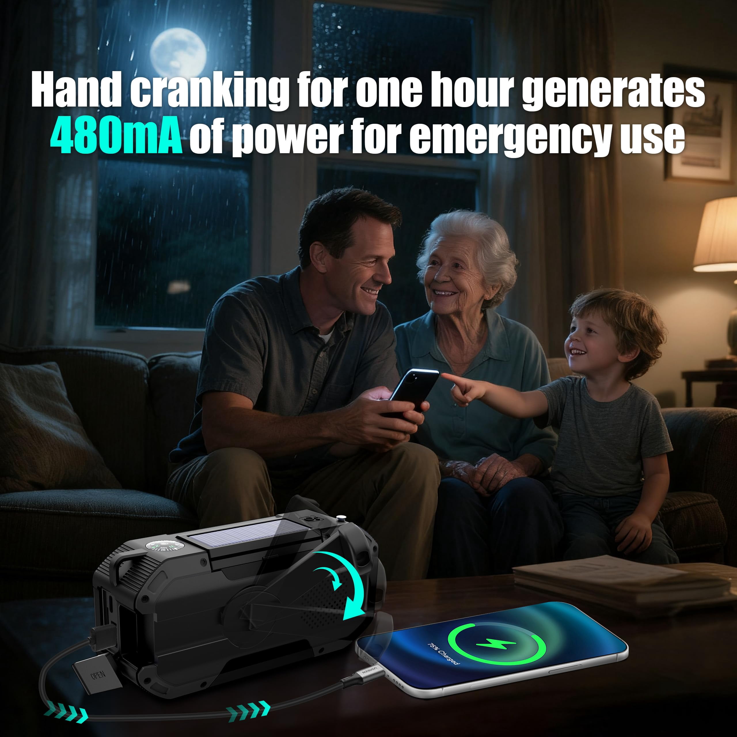 Hand Crank Emergency Radio Portable Am Fm Noaa Weather Solar Power 18500mwh/5000mah Operated Usb Charging Flashlight Waterproof Sos For Camping Outage Storm