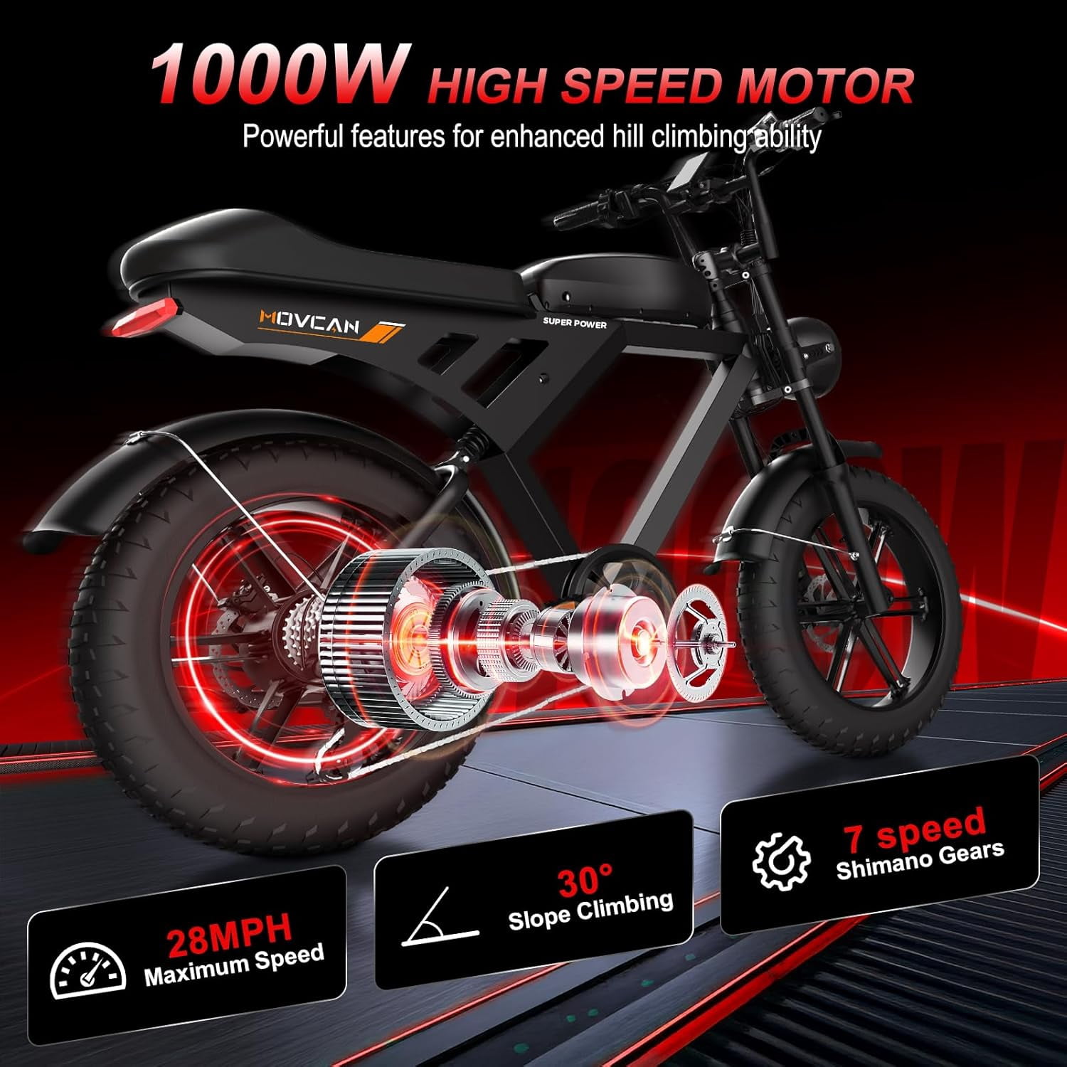 Movcan V30 Electric Bike for Adult, 1000W 20" Fat Tire 48V 15.6AH Removable Battery, 28MPH 7-Speed Disc Brake Off-Road Mountain Ebike UL2849