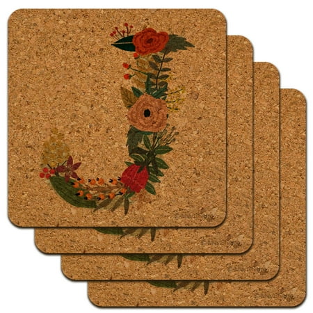 

Letter J Floral Monogram Initial Low Profile Novelty Cork Coaster Set