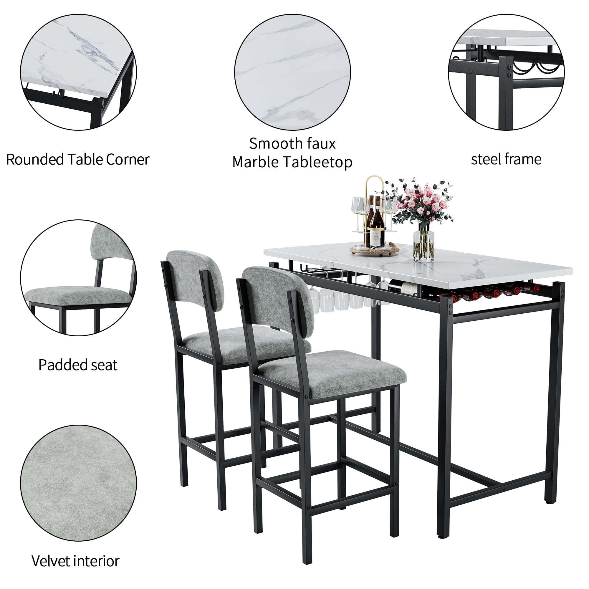 Aukfa Bar Dining Table Set&nbsp;for 2, Kitchen Table Set w/ Wine Rack &Upholstered Chairs for Small Spaces, Gray