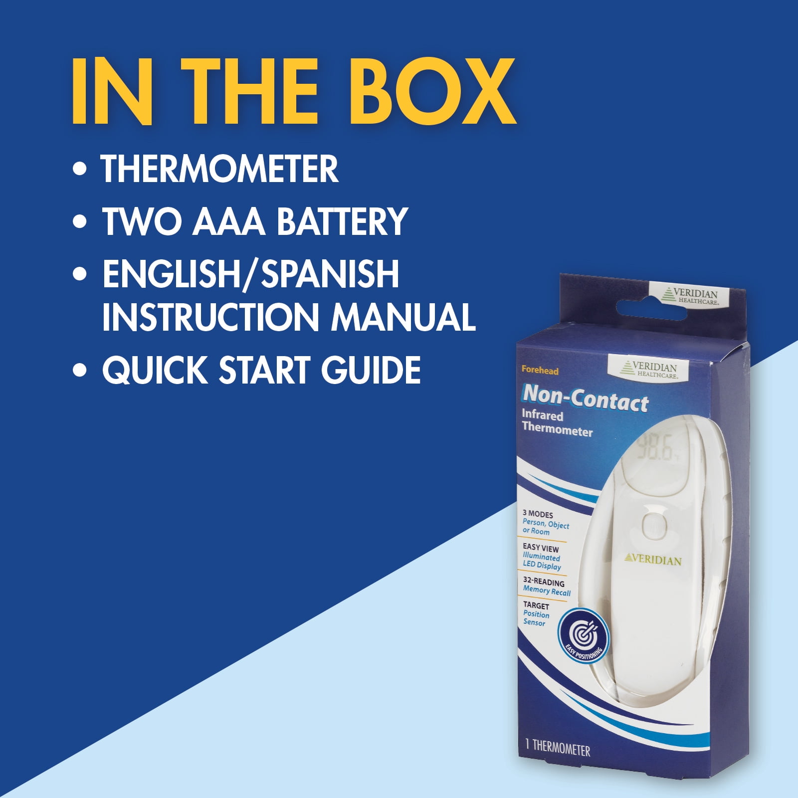 Veridian Infrared Non-Contact Forehead Thermometer, 1-Second Readout, Positioning Sensor
