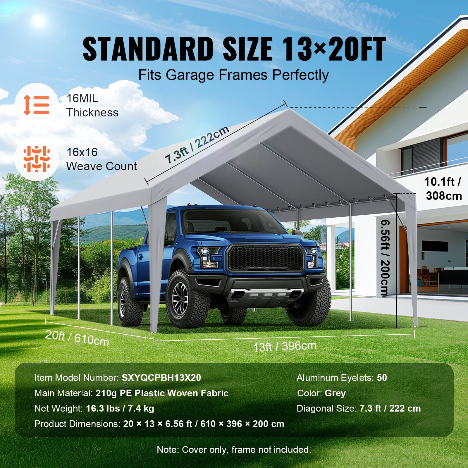 KFFKFF 13 x 20 Feet Carport Replacement Canopy Car Parking Tent Cover Gray