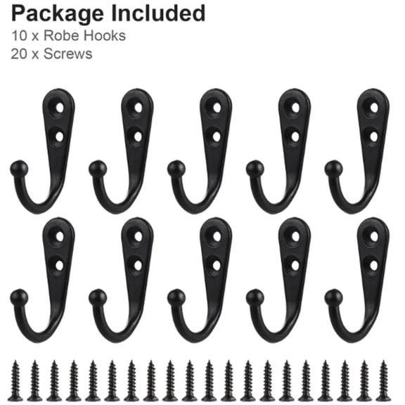 10 Pack Heavy Duty Wall Mounted Black Coat Hooks with 20 Screws Mudroom Backpack Robe Hat Hook for Closet