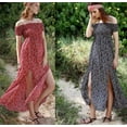 thumbnail image 4 of Women's Boho Off Shoulder Strapless Summer Beach Floral Slit Maxi Dress Red-S, 4 of 5