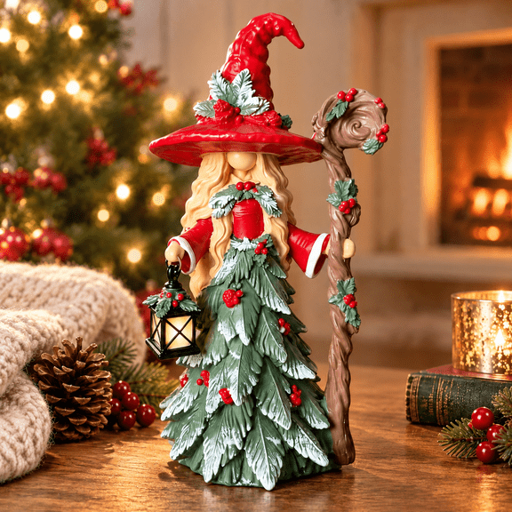 Whimsical Christmas Witch Figurine, Resin Witch Lantern Keeper, Holiday Village Mantel Decor for Indoor Tabletop Display
