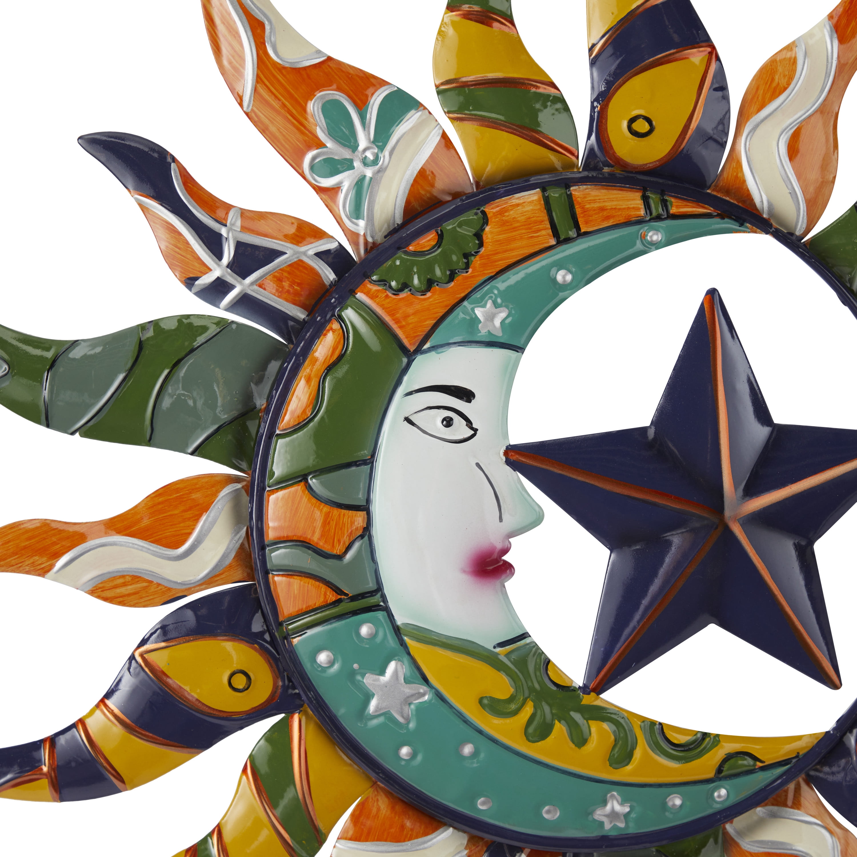 DecMode Multi Colored Metal Sun and Moon Indoor Outdoor Abstract Patterned Home Wall Decor with Yellow and Blue Accents, 25" x 1" x 25"