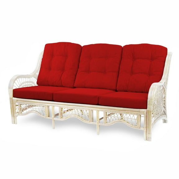 Malibu Lounge Three-Seater Sofa Natural Rattan Wicker Handmade Design with Red Cushions, White Wash