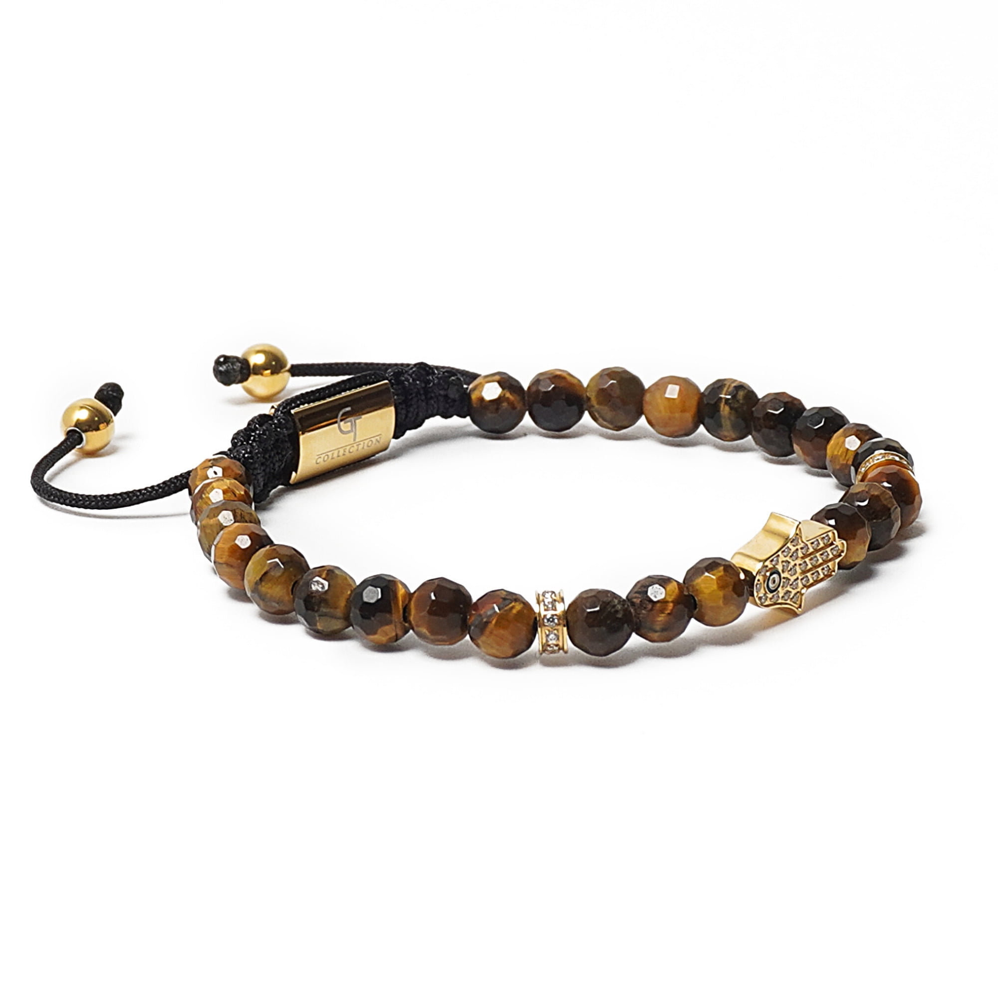 Men's TIGER EYE Bracelet with Golden HAMSA Hand | Gift for Men | One Size Fits All | 100% Natural | Gemstone Adjustable Bracelet