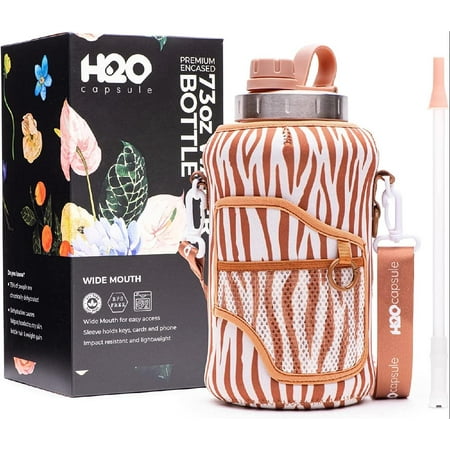 

2.2L Half Gallon Wide Mouth Water Bottle with Storage Sleeve and Removable Straw - Hydration Tracker Jug with Measurements Marked – Shatterproof BPA-Free Libra Zebra
