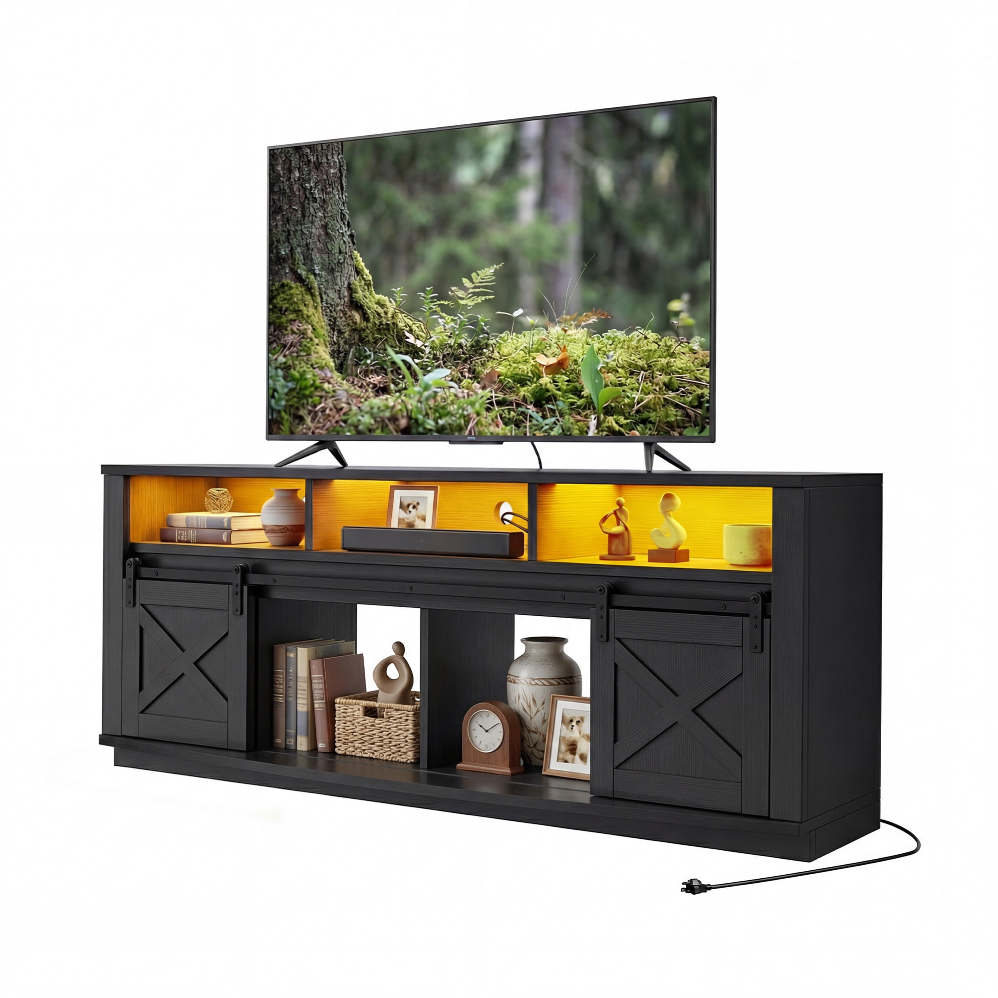 Uforic 70" TV Stand with Power Outlet & LED Lights, Curved Desktop Entertainment Center for 80" TVs, Black