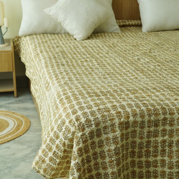 Mustard Floral Indian Kantha Quilt â€“ Handmade Cotton Block Print Bedspread in Light Beige
