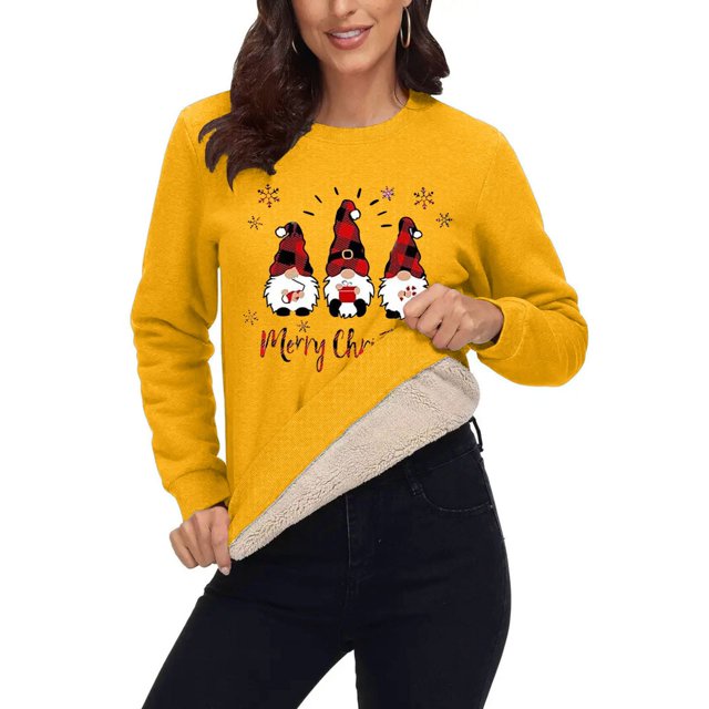 Diufon Chandails de Noël pour Femmes en Molleton Épaissi Chaud à Manches Longues Col Ras du Cou Chandail Mignon Imprimé Hauts
