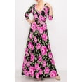 thumbnail image 3 of Bon Rosy, Women's, 3/4 Sleeve V-Neck Printed Maxi Faux Wrap Floral Dress, Black Fuchsia, M, 3 of 3