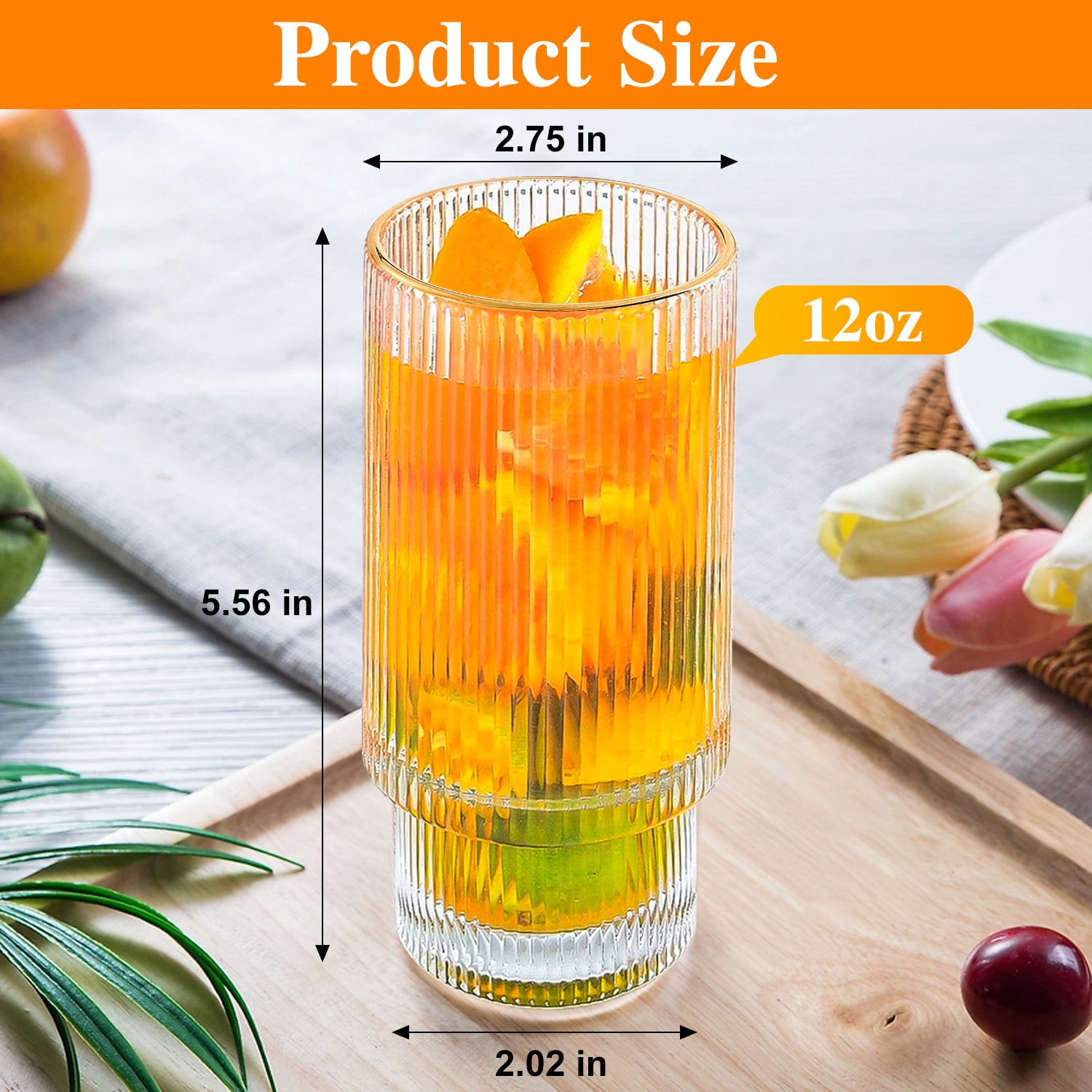 TINANA Glass Cups: 12oz Drinking Glasses Set of 6, Cocktail Glasses, Vintage Glassware, Whiskey Glasses, Coffee Bar Accessories, Iced Coffee Cups for Cute Gifts