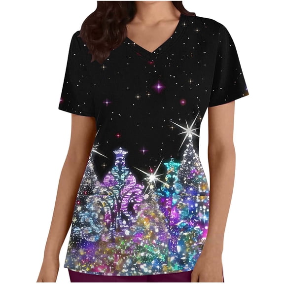 Xfvqtps Christmas Scrub Tops for Women Soft V-Neck Scrubs Comfortable Lightweight Nursing Uniforms Casual Printed Short Sleeve Nurse Top Working Uniforms with Pockets Black
