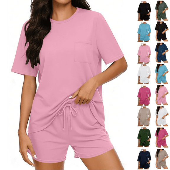 Utoimkio Women's Pajama Sets 2 Piece Soft Comfy Short Sleeve Top and Shorts Summer Sleepwear Round Neck Pjs Lounge Sets with Pockets Size S-XXL