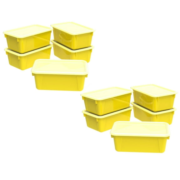 Storex Small Cubby Bin with Cover, Plastic Storage Container Fits Classroom Cubbies, Yellow, 10 units