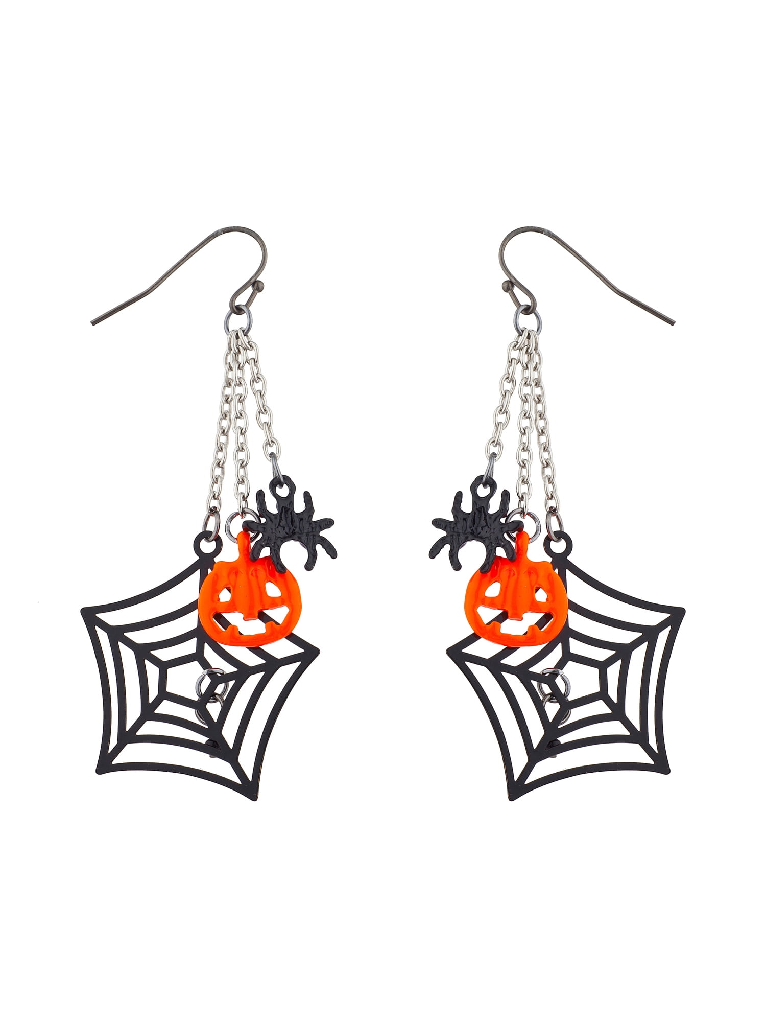 Lux Accessories Silver Tone Halloween Spider Web Chain Pumpkin Spider Earrings