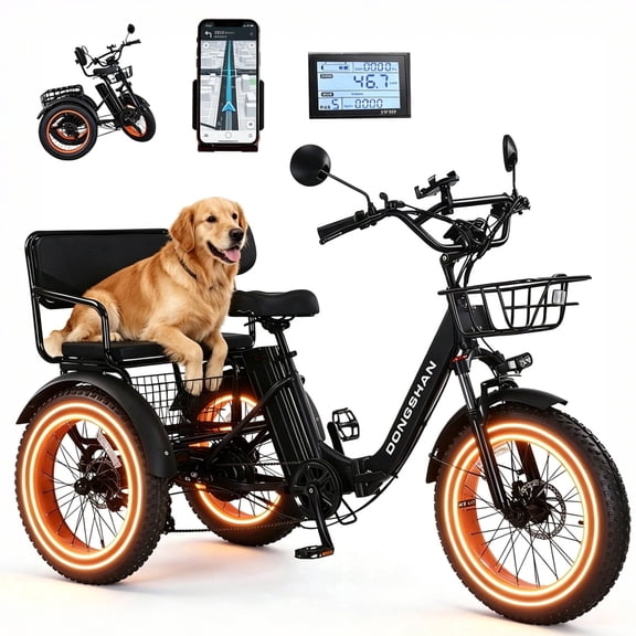 MENGFANMIN Electric Tricycle for Adults, 20”x4.0”Fat Tire Folding Trike Ebike,Peak 1350W,48V15Ah Battery,3 Wheel Trike With Rear Seat,Basket