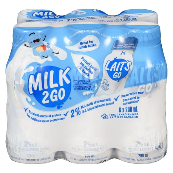 Milk2Go 2% Partly Skimmed Milk, 6 x 200 mL