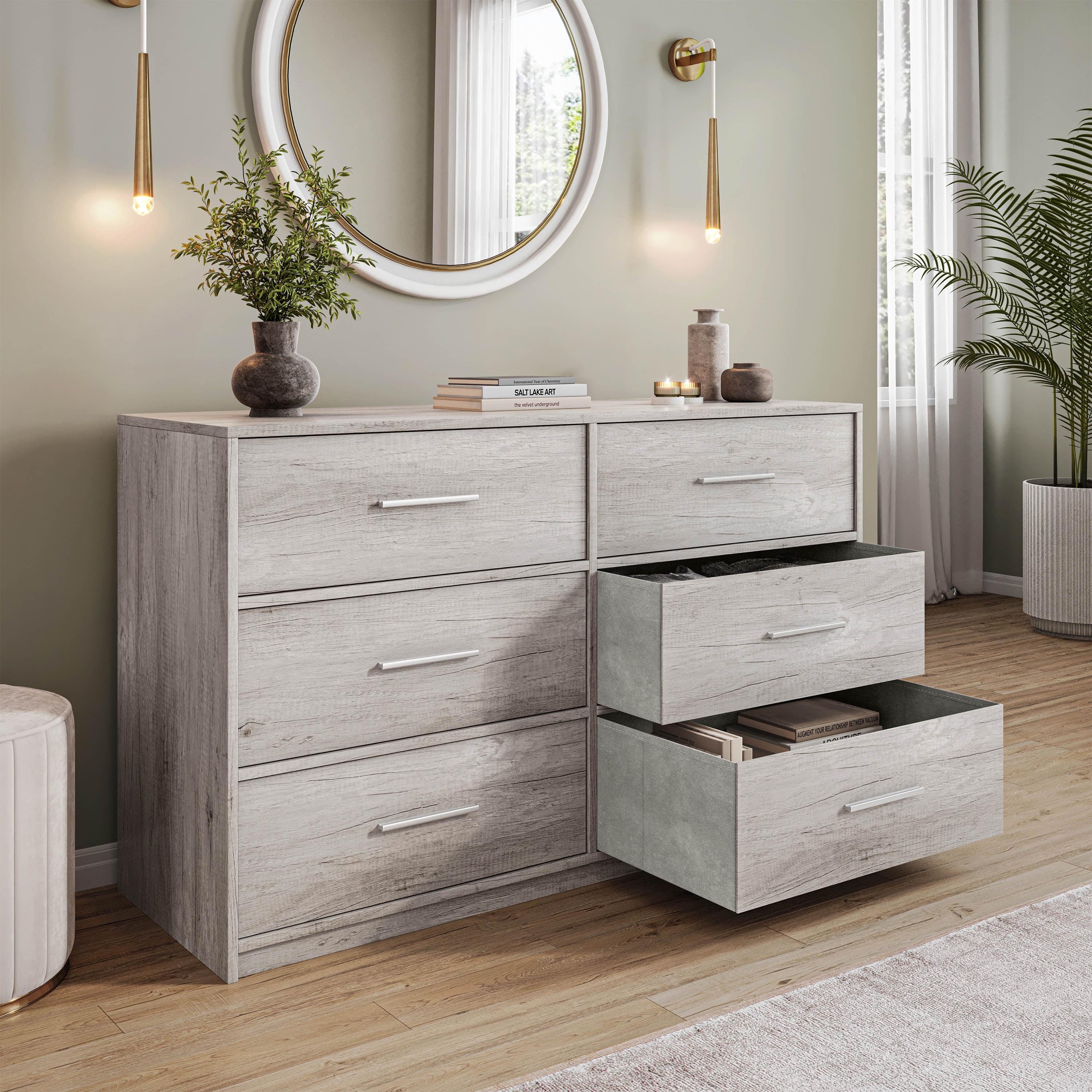 6-Drawer Dresser with Extra Large Fabric Bins, Wood Frame Storage Organizer for Bedroom, Living Room, or Hallway, Versatile Design Doubles as a TV Stand, Ideal for Home Organization, Grey